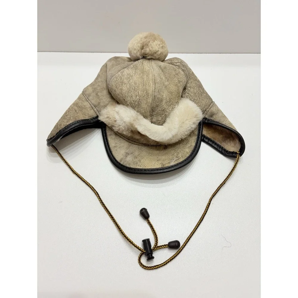 Vintage Hat Kids Toddler SHEARLING Sheepskin TRAPPER Suede Leather Aviator Pilot